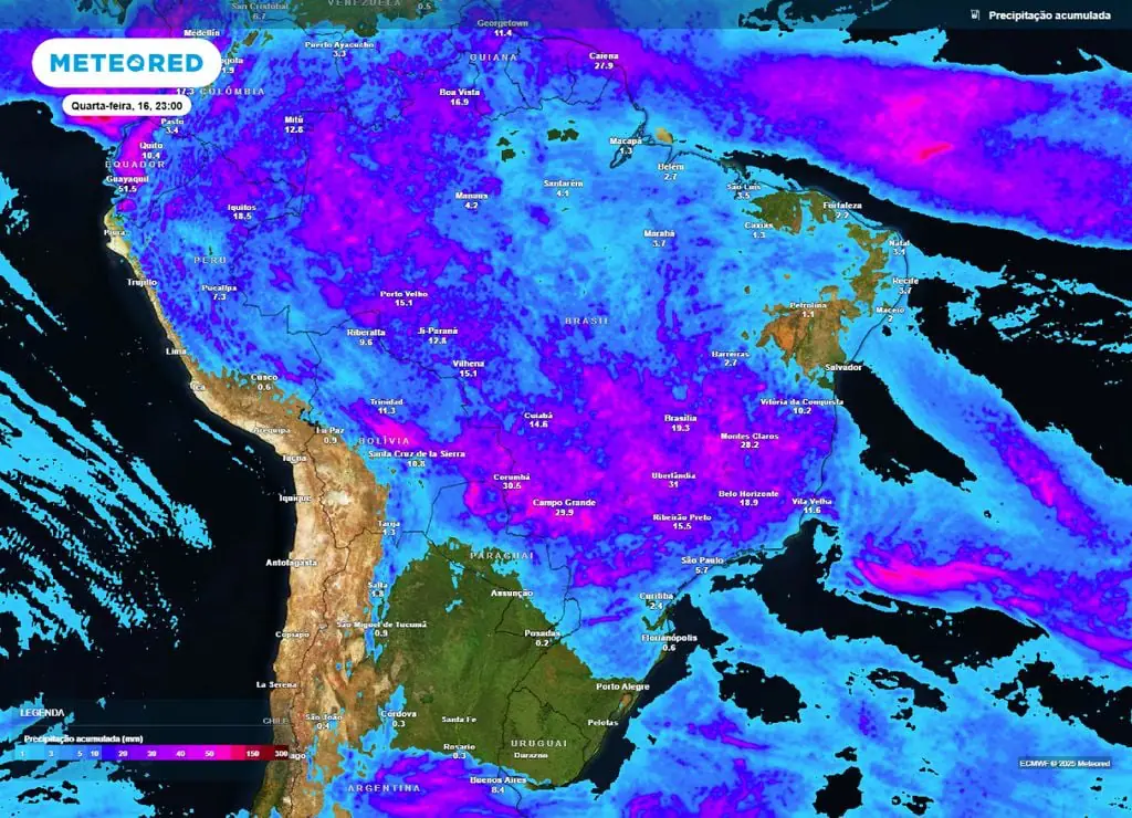 Mapa de precipitação acumulada para esta quarta-feira (16), segundo o modelo ECMWF.
