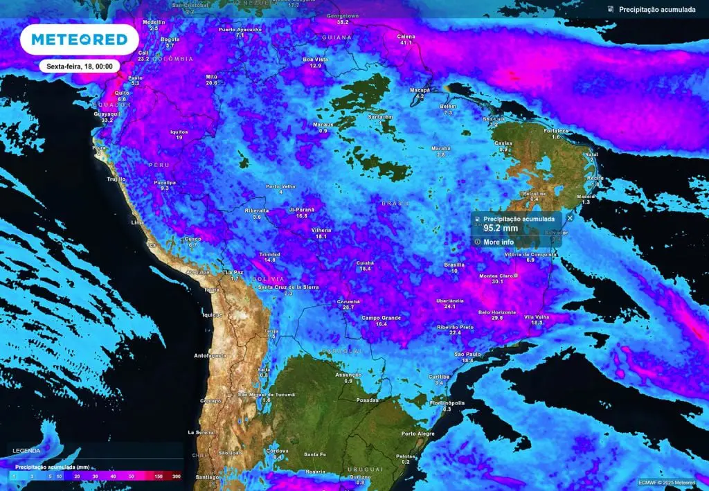 Previsão de chuva acumulada até o fim da quinta-feira (17), de acordo com o modelo ECMWF.