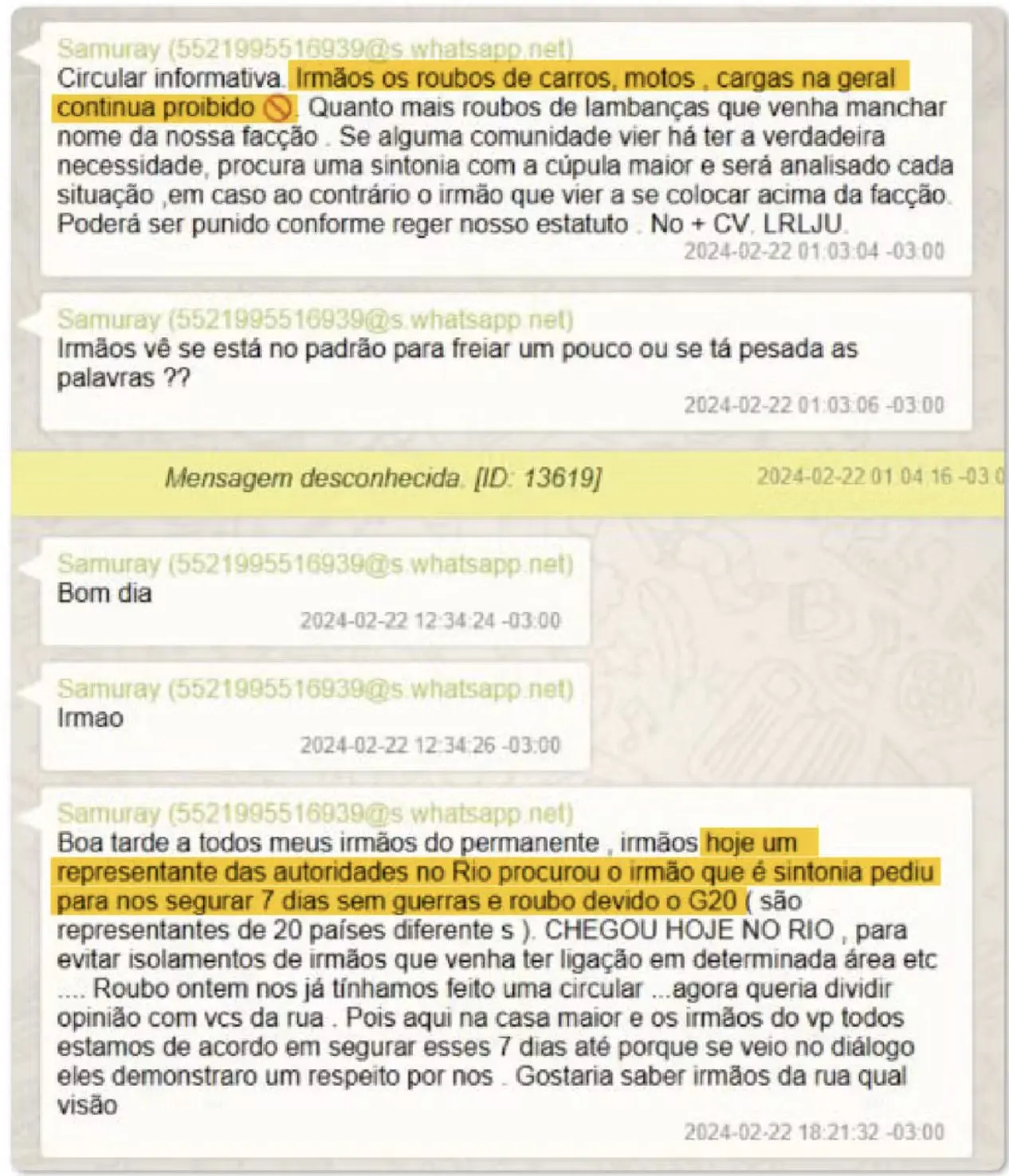 Mensagem de membro do Comando Vermelho pedindo uma 'trégua' de 7 dias