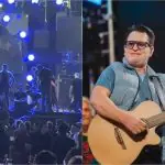 Marrone e o momento em que o cantor cai do palco, durante show em Goiânia: agenda só terá Bruno nas próximas apresentações | Foto: Montagem sobre reprodução/Redes sociais