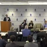 Ministro André Mendonça, durante palestra na Georgetown University |