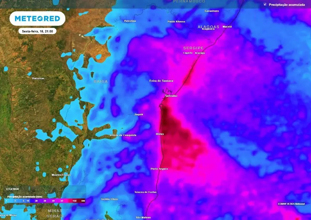 De quarta-feira a sexta-feira, a frente fria permanece ativa entre Ilhéus e Salvador | Foto: Divulgação/Meteored