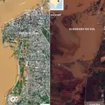 Imagens de satélite captadas no dia 6 de maio mostram as cidades de Porto Alegre (esquerda) e Eldorado do Sul durante as enchentes | Foto: Reprodução/Twitter/X