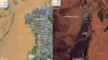 Imagens de satélite captadas no dia 6 de maio mostram as cidades de Porto Alegre (esquerda) e Eldorado do Sul durante as enchentes | Foto: Reprodução/Twitter/X