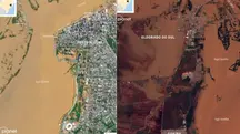 Imagens de satélite captadas no dia 6 de maio mostram as cidades de Porto Alegre (esquerda) e Eldorado do Sul durante as enchentes | Foto: Reprodução/Twitter/X