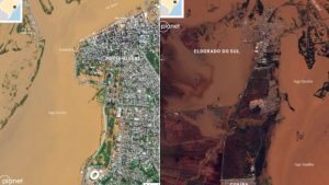 Imagens de satélite captadas no dia 6 de maio mostram as cidades de Porto Alegre (esquerda) e Eldorado do Sul durante as enchentes | Foto: Reprodução/Twitter/X
