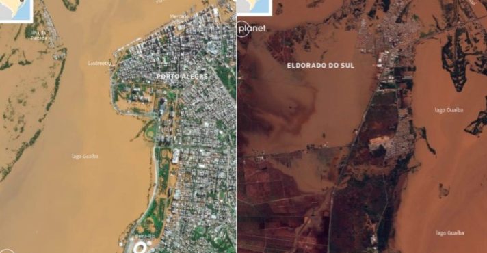 Imagens de satélite captadas no dia 6 de maio mostram as cidades de Porto Alegre (esquerda) e Eldorado do Sul durante as enchentes | Foto: Reprodução/Twitter/X