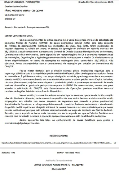 Documento entregue ao STF pelo coronel Jorge Eduardo Naime revela interferência do general Gustavo Dutra em operação da PMDF
