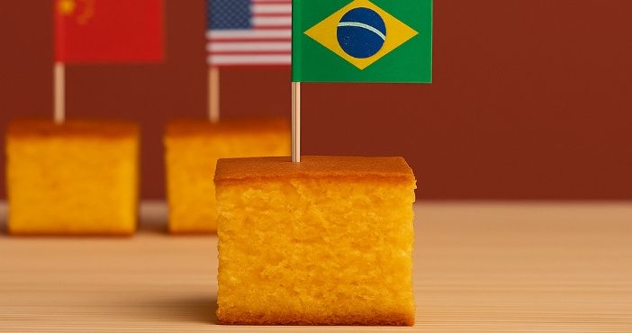 Com bandeirinhas fincadas nos pedaços de bolo, a vereadora catarinense comparou a carga tributária de cinco países — Noruega, China, Estados Unidos, Chile e Brasil | Foto: Divulgação/Oeste | Imagem gerada com o auxílio de inteligência artificial