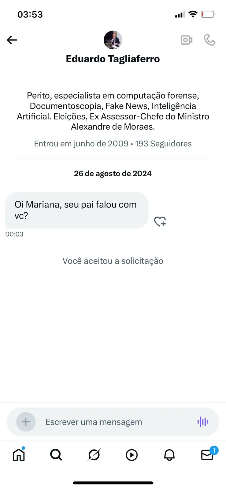 Imagem de Tagliaferro no X tentando falar com Mariana Eustáquio | Foto: Arquivo