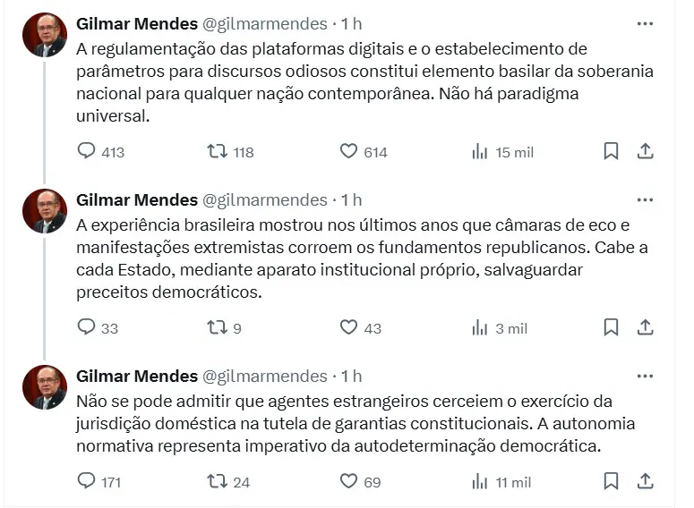 Registro das falas do ministro na rede social X 