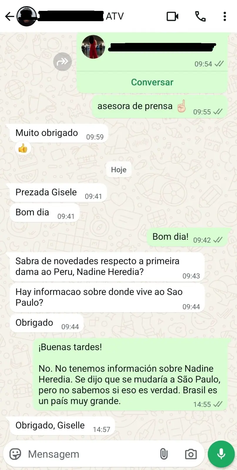 Oeste teve acesso à conversa entre um jornalista peruano e a assessora Giselle Almeida sobre Nadine Heredia