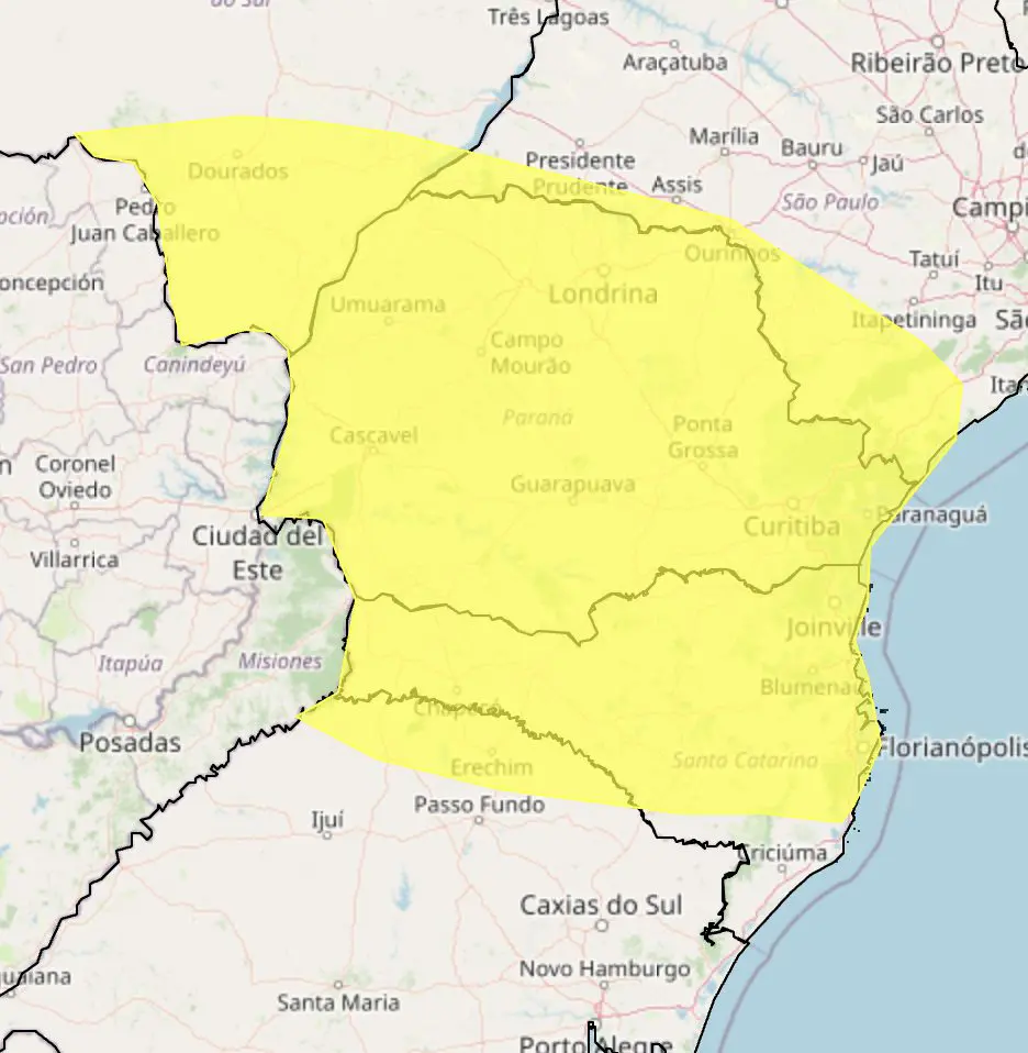 Alerta amarelo de chuvas no Paraná e Santa Catarina
