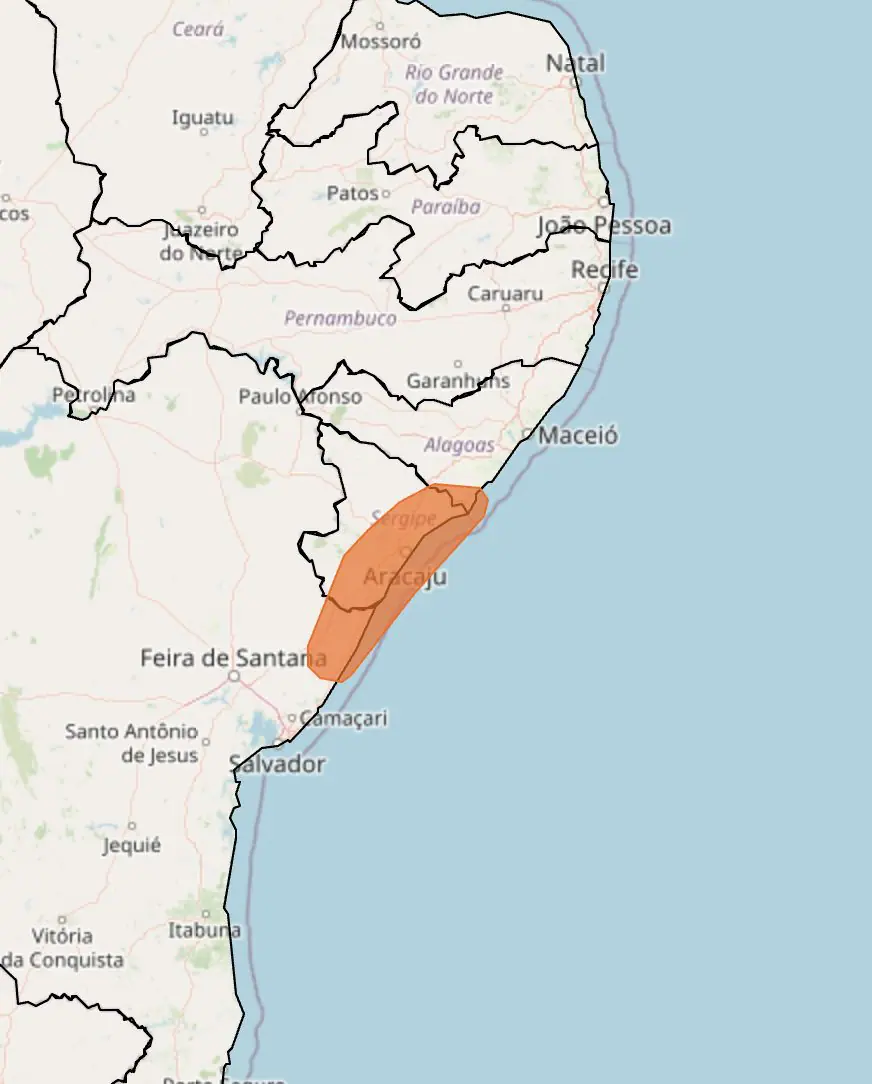 Alerta amarelo para chuvas intensas entre os Estados da Bahia e de Alagoas