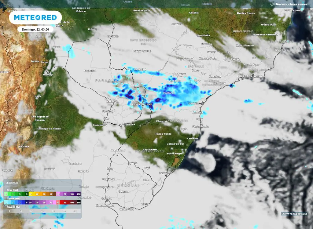 Segundo a previsão do tempo, o alerta para chuvas intensas e tempestades severas começou a valer a partir da noite deste sábado | Foto: Divulgação/Meteored