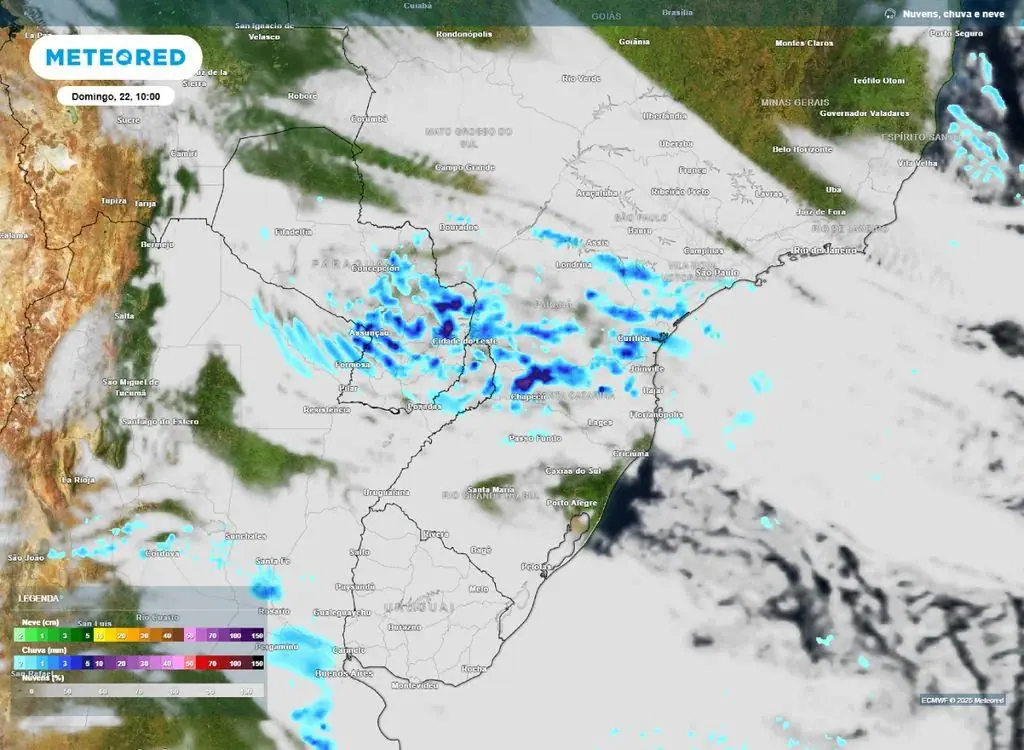 Ao longo do dia, a instabilidade se desloca também para o oeste de Santa Catarina | Foto: Divulgação/Meteored