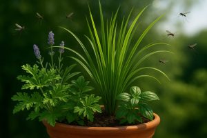 A citronela é uma planta cujas folhas, quando espremidas ou amassadas, agem nos receptores olfativos dos mosquitos | Foto: Divulgação/Oeste | Imagem criada com o auxílio de inteligência artificial