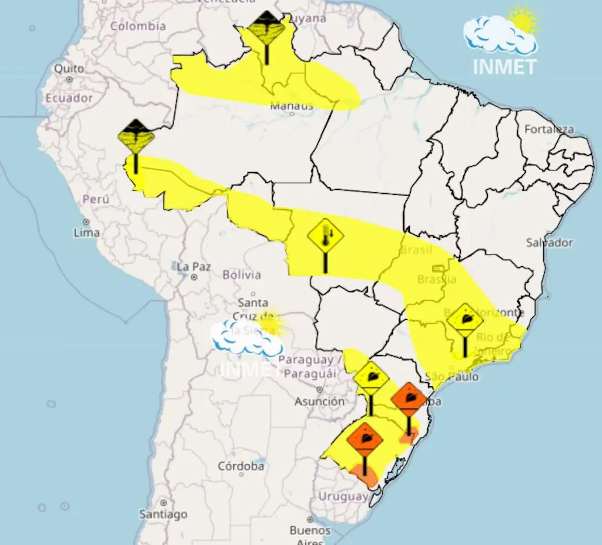 Mapa mostra os alertas do Inmet por causa da queda de temperatura