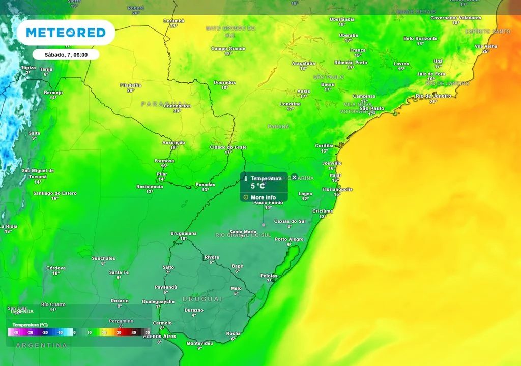 A previsão para as temperaturas mínimas na madrugada de sábado mostra que os termômetros podem atingir 5°C no Rio Grande do Sul | Foto: Divulgação/Meteored