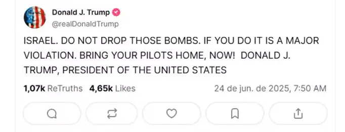 Mensagem de Trump ao governo israelense | Foto: Reprodução/Redes sociais
