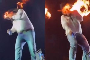 O cantor sertanejo tentou apagar o fogo com as próprias mãos | Foto: Reprodução