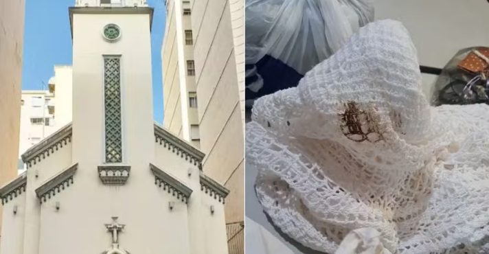 Igreja é invadida e depredada em Copacabana; criminosos defecaram no local e usaram toalhas da mesa eucarística | Foto: Reprodução/Redes sociais