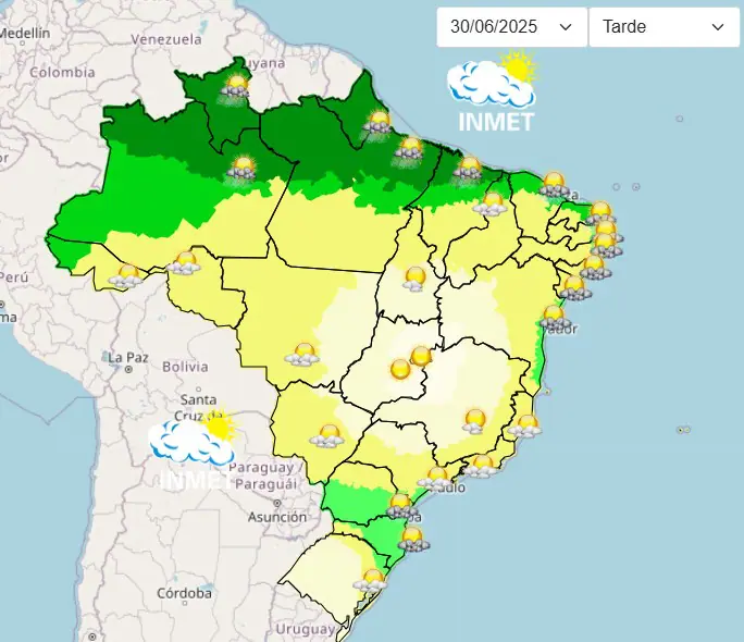 Mapa do Brasil com destaque para as condições climáticas na capitais na tarde desta segunda-feira, 30 | Foto: Reprodução/Inmet
