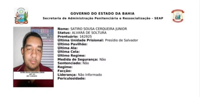 Alvará de soltura de Sátiro Sousa Cerqueira Júnior; ele já cumpriu pena na unidade para qual foi designado | Foto: Reprodução/Redes sociais