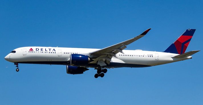 Um Delta Air Lines Airbus A350, em alusão à matéria sobre Turbulência em voo da Delta entre Salt Lake City e Amsterdã provoca pouso de emergência e 25 feridos nos EUA