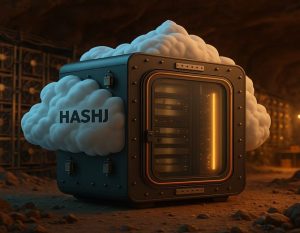 Imagem mostra interface da plataforma HashJ com destaque para recompensas, bônus diários e gamificação da mineração digital em dispositivos móveis.