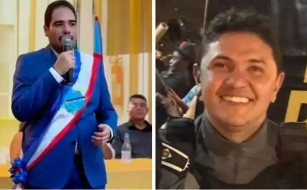 Prefeito João Vitor Xavier à esquerda; policia militar Geidson Thiago da Silva dos Santos à direita