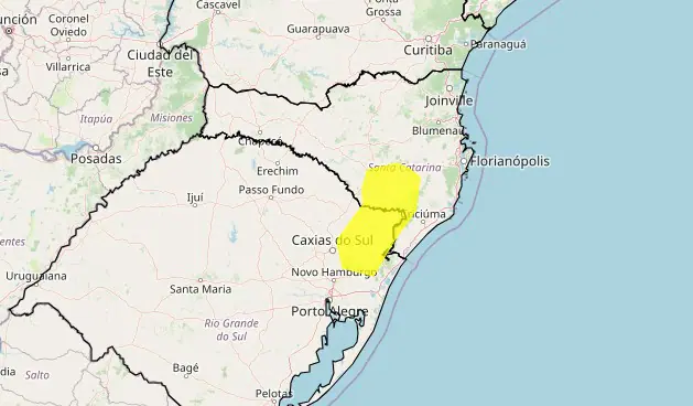 As regiões afetadas serão o nordeste do Rio Grande do Sul, a região metropolitana de Porto Alegre e o sul catarinense | Foto: Reprodução/Inmet