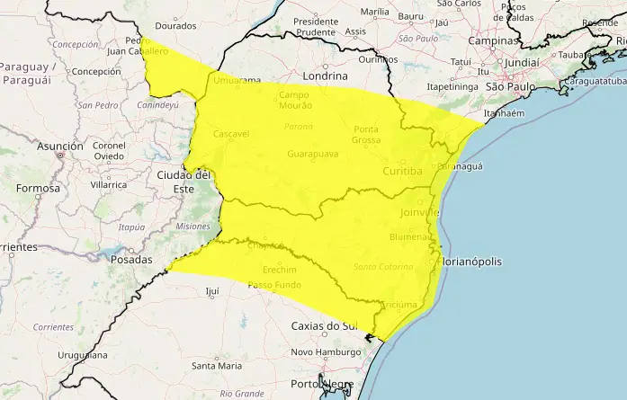 O fenômeno vai abranger o centro e o sul do Paraná, todo o Estado de Santa Catarina e a região norte do Rio Grande do Sul | Foto: Reprodução/Inmet