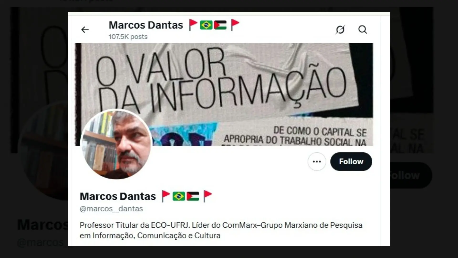 Capa do perfil de Marcos Dantas que, apesar de aposentado, se apresenta no Twitter/X como professor titular na UFRJ | Foto: Reprodução/Twitter/X/@marcos__dantas