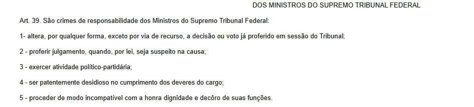 Artigo 39 da Lei 1079/1950, que trata sobre os crimes de responsabilidade | Foto: Reprodução/Governo Federal