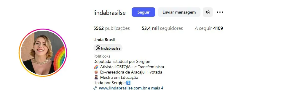 Perfil no Instagram de Linda Brasil | Foto: Reprodução/Instagram
