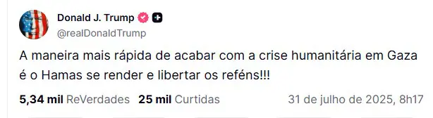 Postagem de Trump sobre a Faixa de Gaza | Foto: Reprodução/Redes sociais