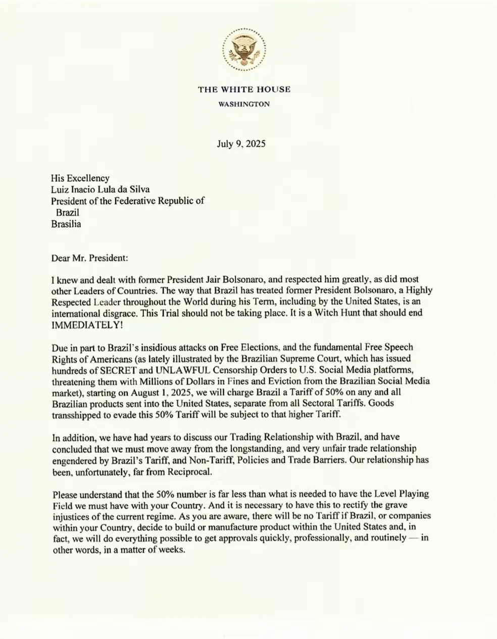 Donald Trump envia carta ao Brasil | Imagem: Reprodução