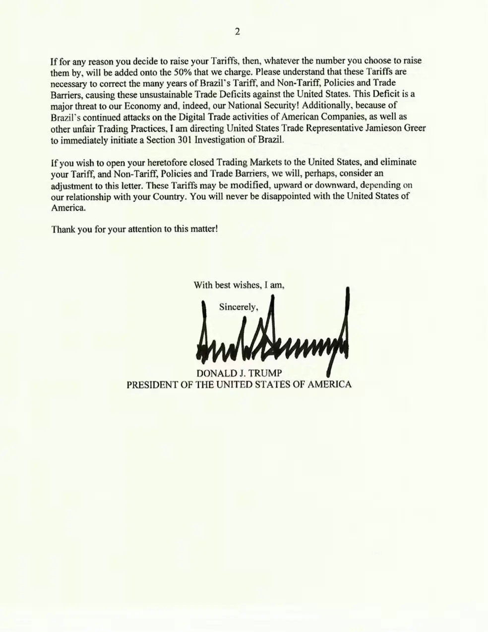 Donald Trump envia carta ao Brasil | Imagem: Reprodução