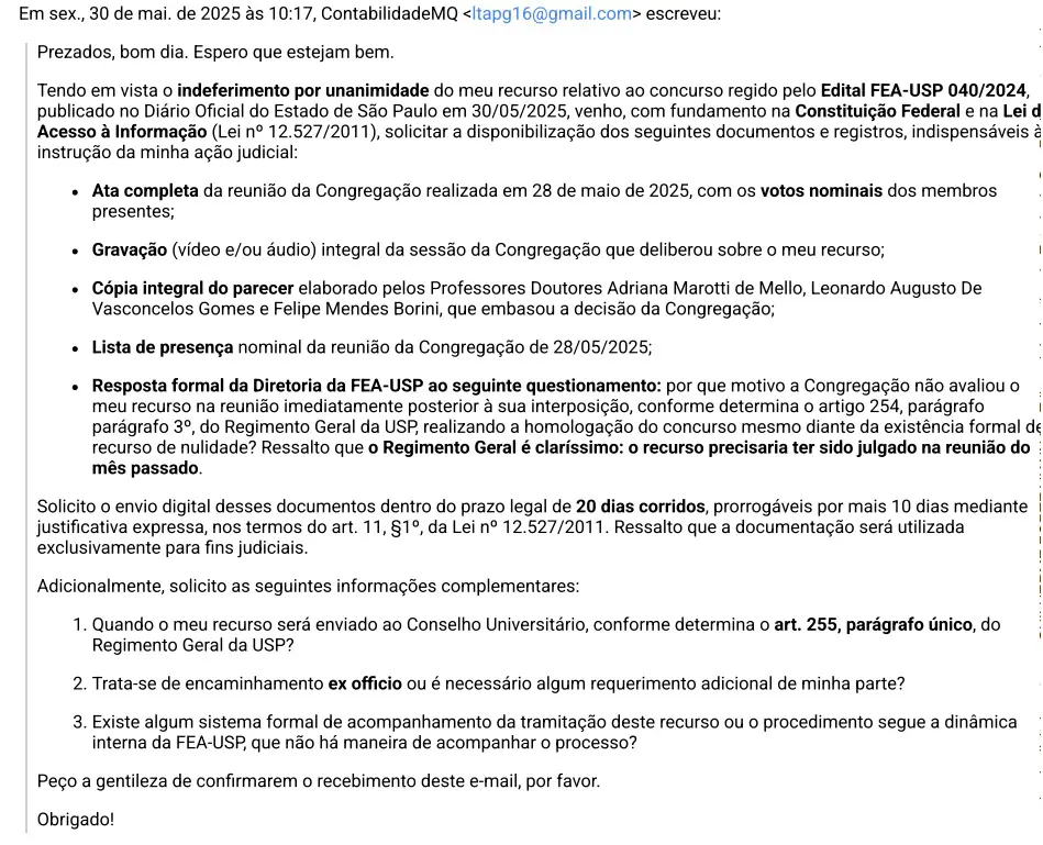 E-mails enviados à USP | Foto: Reprodução