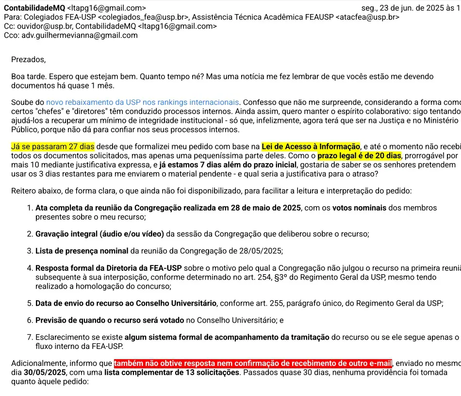E-mails enviados à USP | Foto: Reprodução