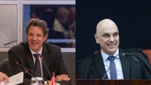 À esquerda, o ministro da Fazenda, Fernando Haddad; à direita, o ministro do STF Alexandre de Moraes