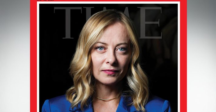 Giorgia Meloni, primeira-ministra da Itália, na capa da revista Time | Foto: X/Divulgação