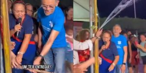 Momento em que Fátima Bezerra (PT) inaugura cano em cidade do Rio Grande do Norte | Foto: Reprodução/Redes sociais