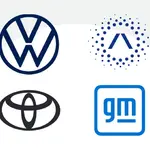 Na imagem, os logos das montadoras Volkswagen, Toyota, Stellantis e General Motors | Foto: Reprodução/Poder360