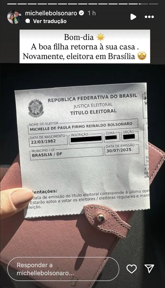 Michelle Bolsonaro transfere título de eleitor | Foto: Instagram/Reprodução
