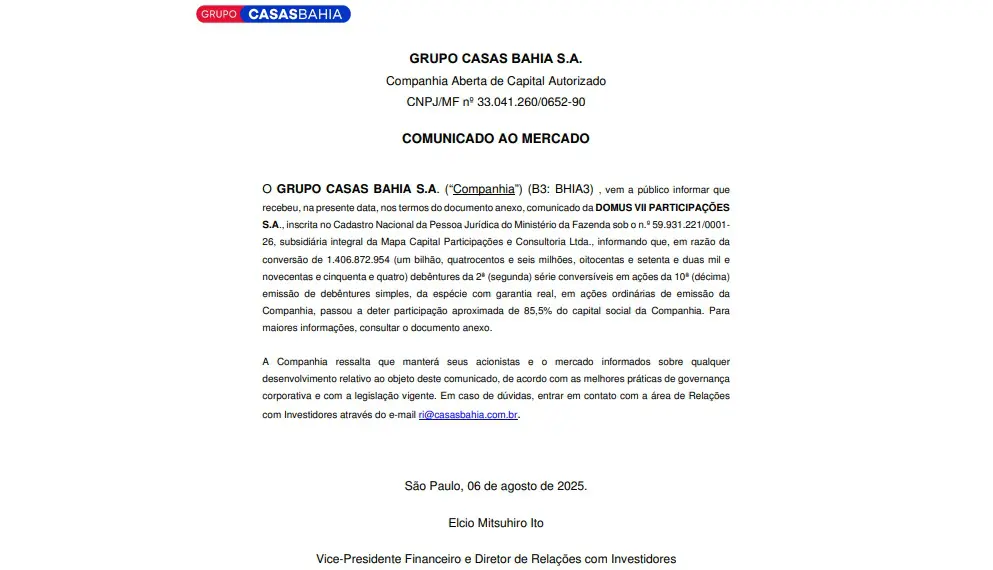 Comunicado do Grupo Casas Bahia ao mercado