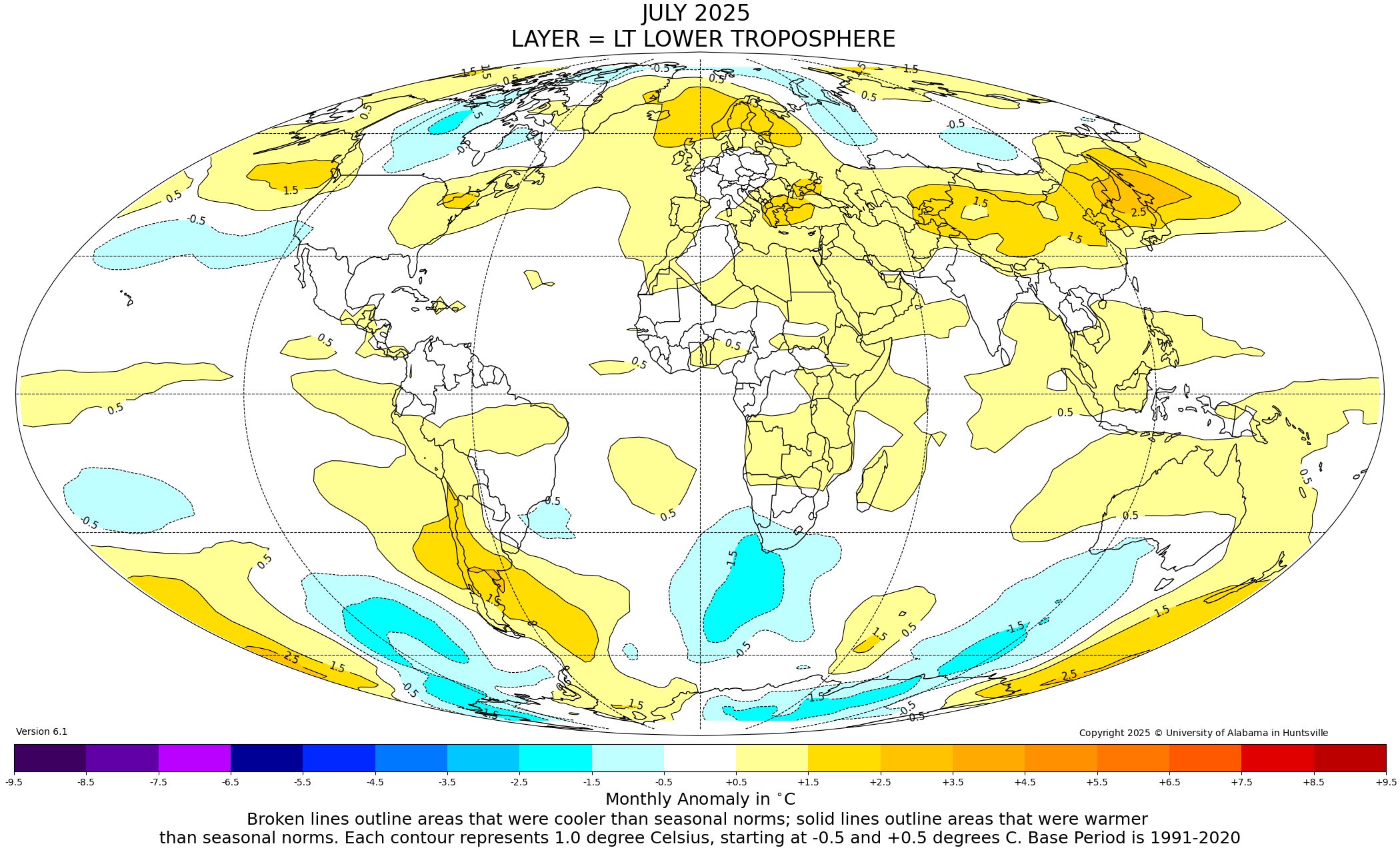 Cartograma apresentando as anomalias de temperatura da baixa troposfera obtidas por satélite para o mês de julho de 2025, referentes à normal climatológica 1991-2020 | Foto: Divulgação/UAH