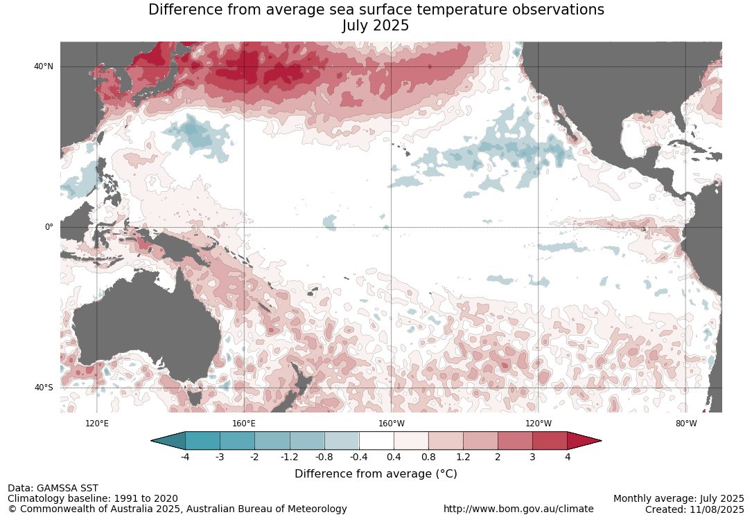 Cartograma apresentando os valores de anomalias da temperatura da superfície do mar (TSM) do oceano Pacífico, referente à média de julho de 2025. Em vermelho, valores de TSM média mensal acima da normal oceanográfica na localidade. Em azul, valores de TSM média mensal abaixo da normal na respectiva localidade | Foto: Divulgação/BOM