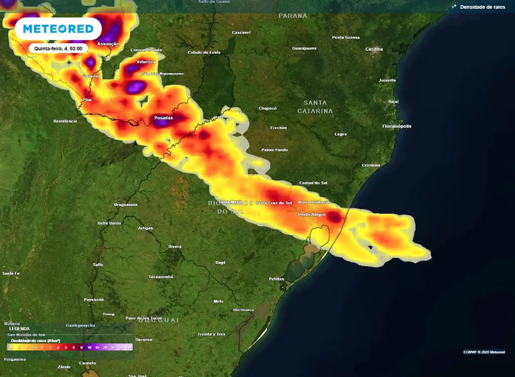 Na terça-feira 2, a frente fria recua para a fronteira do Rio Grande do Sul com o Uruguai | Foto: Divulgação/Meteored